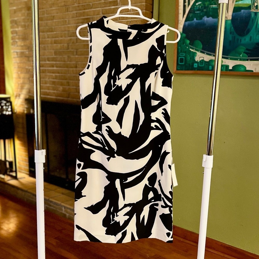 Ann Taylor 100% Silk Black Ivory Abstract Print Dress Sleeveless Size 6 NWT